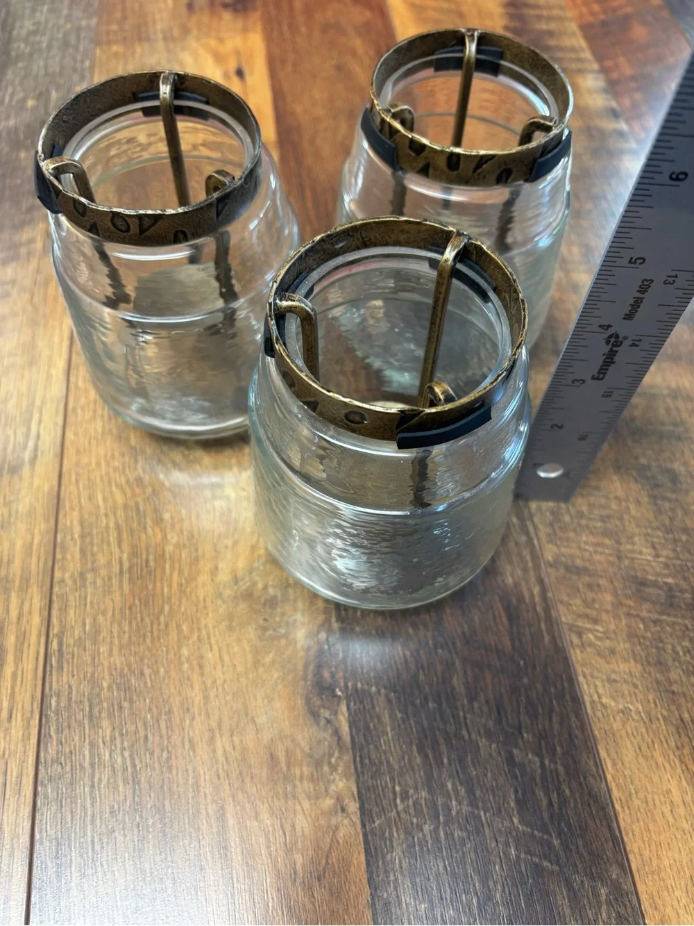 Pier 1 hammered glass candle votives, rustic metal rim, suspended tea light, 3